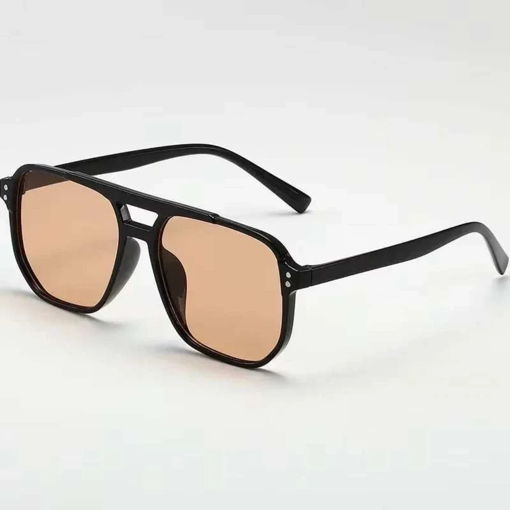 Mens Black Square‎ Aviator Sunglasses Champagne Tinted Lens Double Bridge UV400